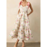 Floral Print Tie Up Smocked A-line Long Dress